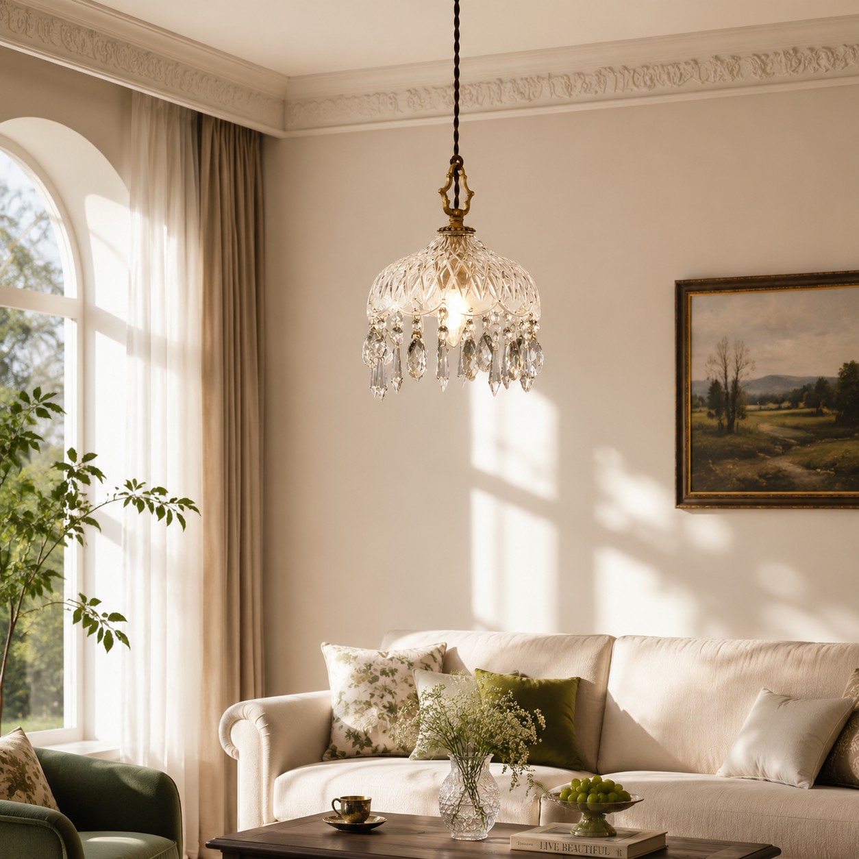 Crystal glass pendant hanging in a living room over a sofa