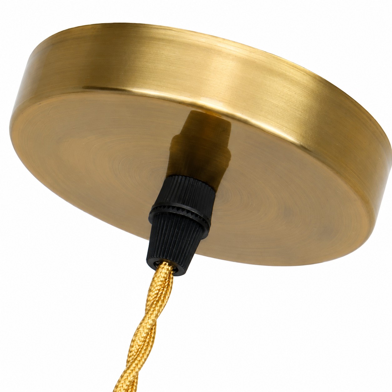Close-up of the round metal canopy and twisted fabric cord