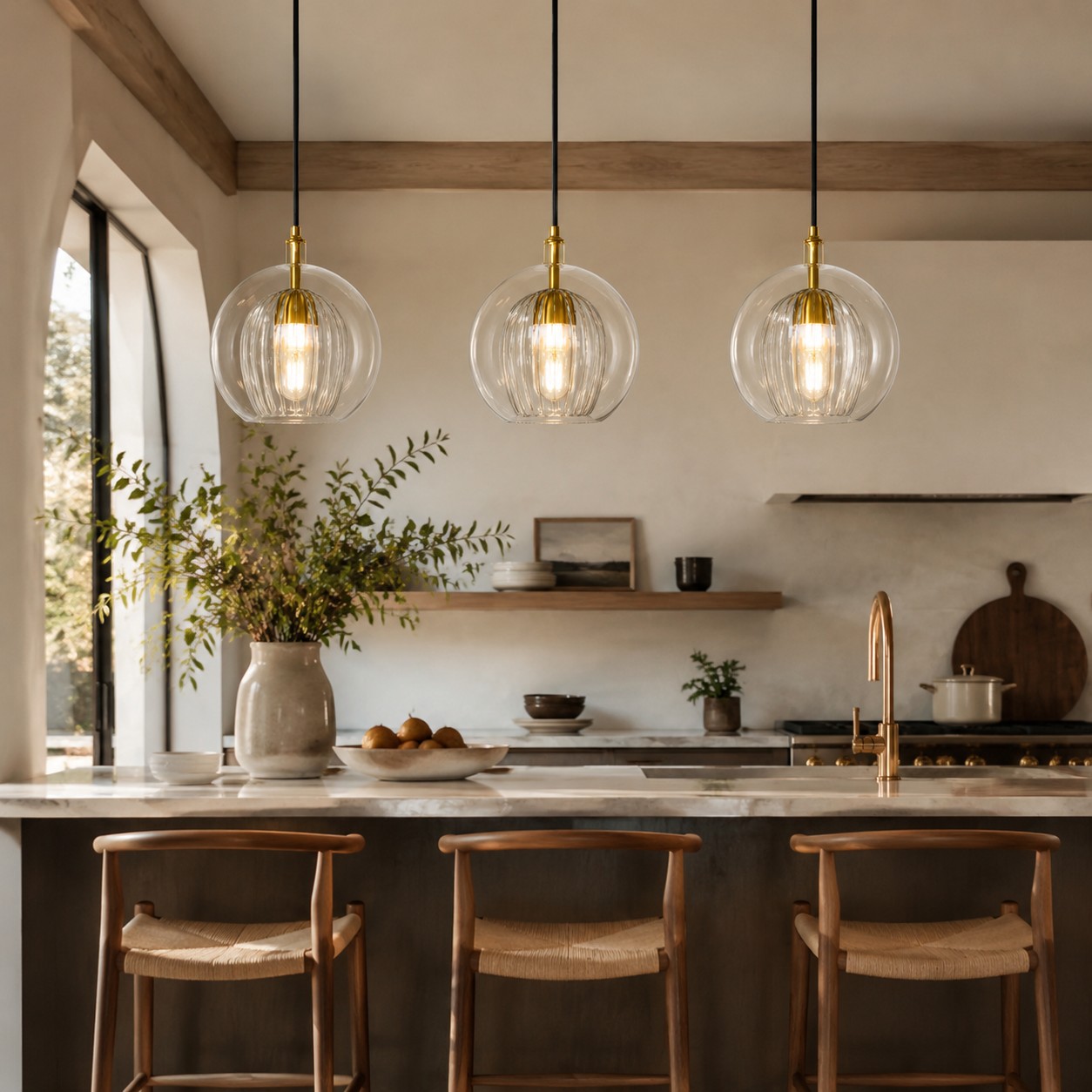 Three clear glass globe pendants over a wood and marble kitchen counter