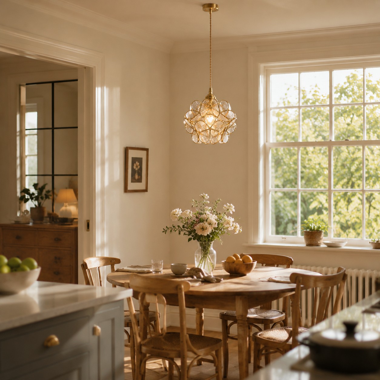 Transparent flower-glass pendant over a round dining table