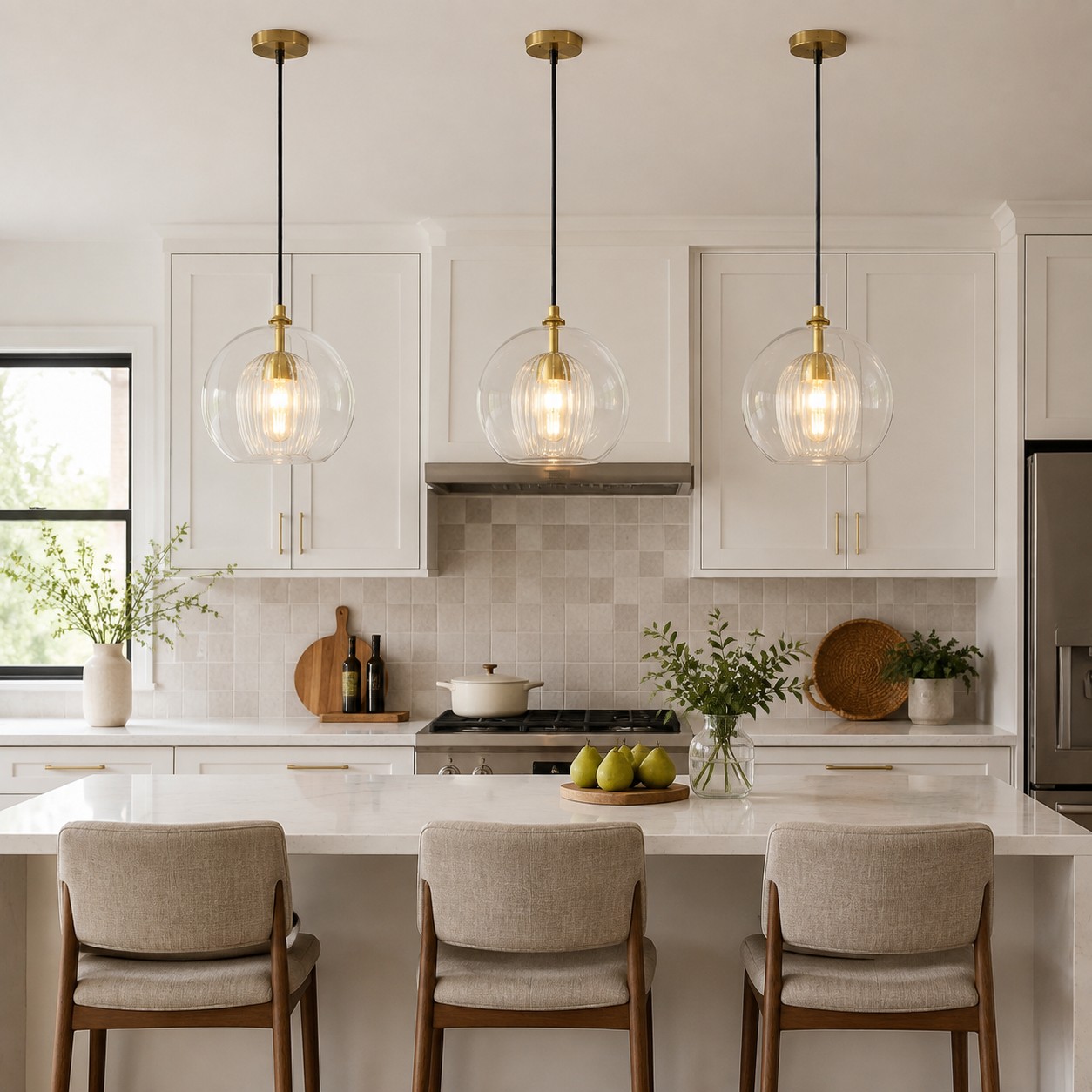 Three clear glass globe pendants in a row over a white kitchen island