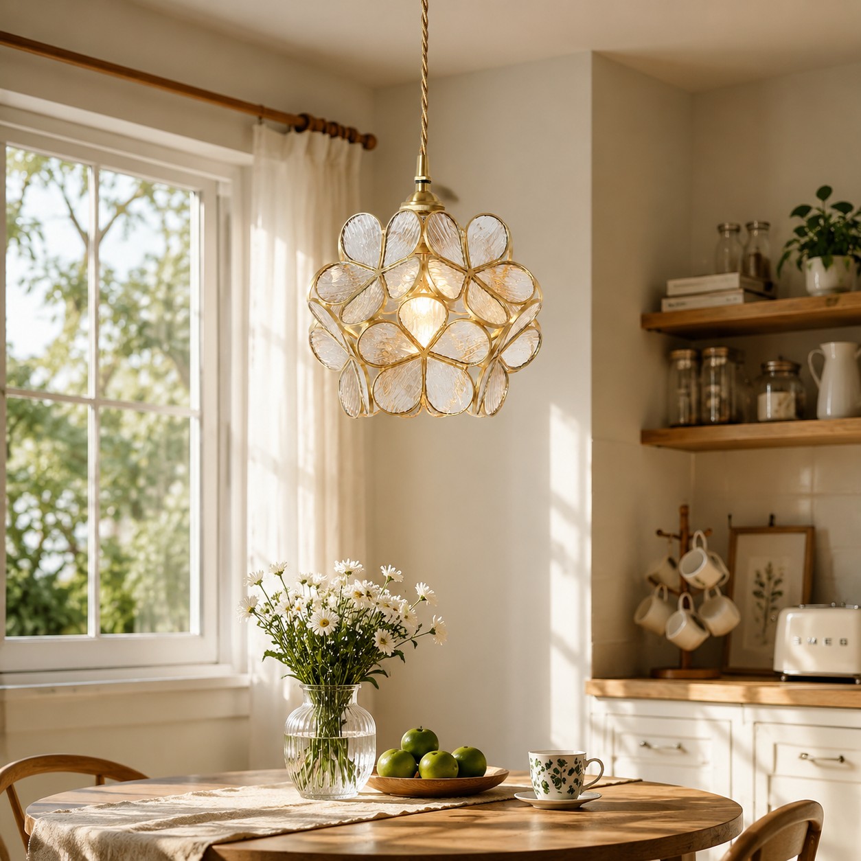 Transparent flower-glass pendant hanging in a sunlit kitchen