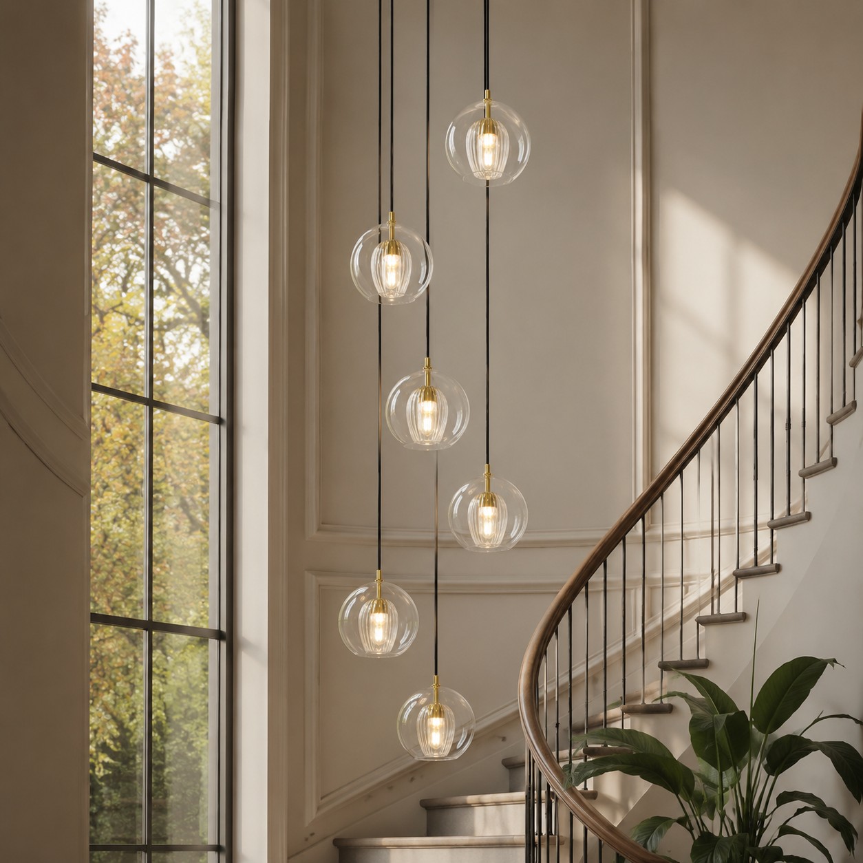 Staggered clear glass globe pendants hanging in a stairwell