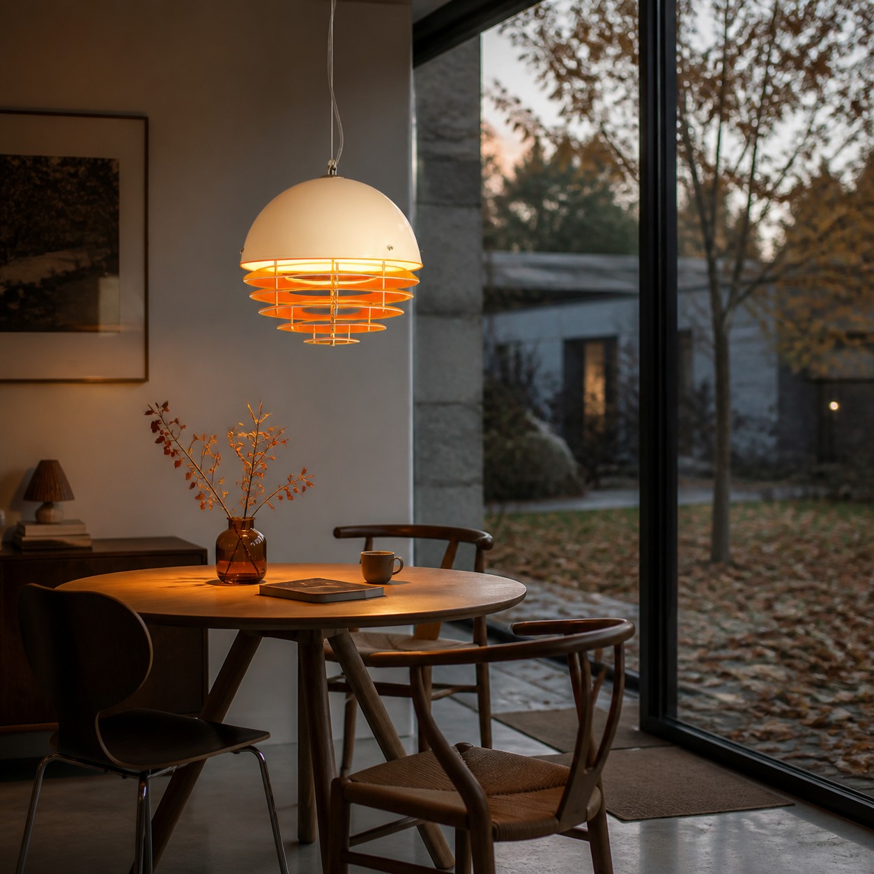 Sunset pendant over a round dining table at dusk