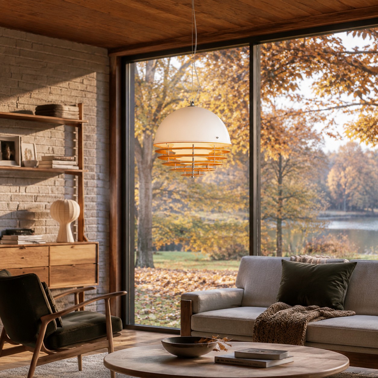 Sunset pendant in a living room with a window and seating