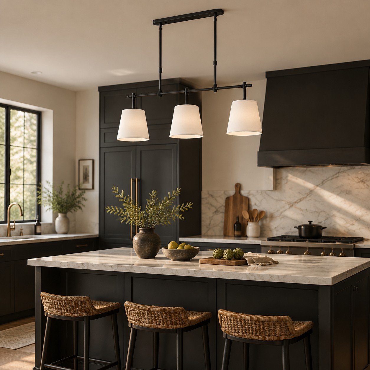 Dumora White and Black linear chandelier above a modern kitchen island