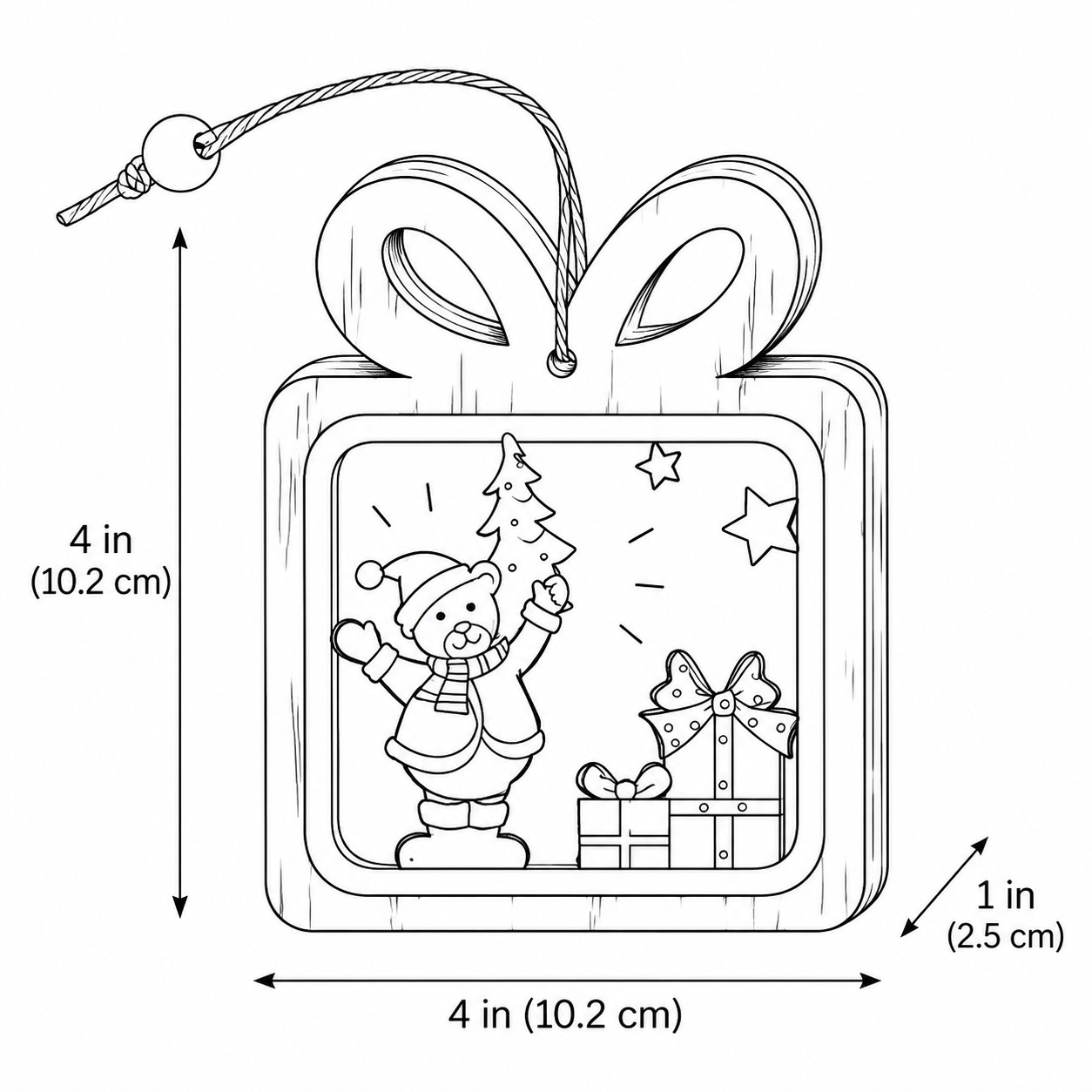 Line drawing of the Gift Pack wooden hanging ornament, 10.2 cm high including the bow, 10.2 cm wide, 2.5 cm deep