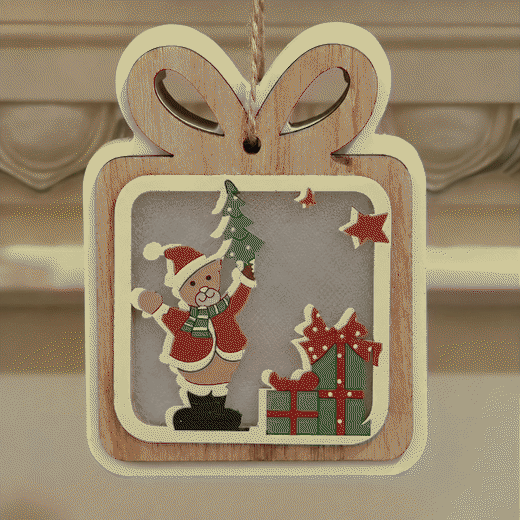 Animated wooden gift-box hanging ornament with Santa, presents, and warm interior light