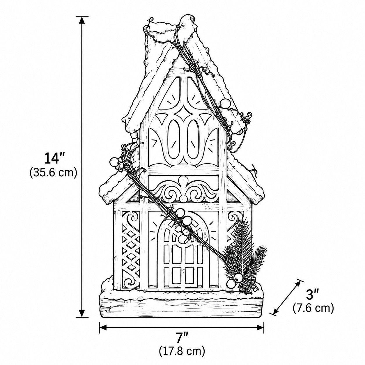 Line drawing of Style E tall carved wooden Christmas house, 35.6 cm high, 17.8 cm wide, 7.6 cm deep