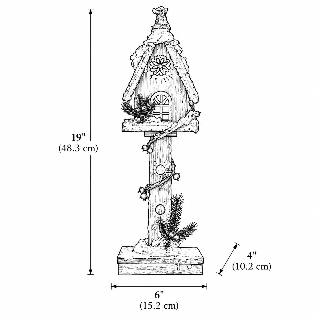 Line drawing of Style G tall wooden Christmas tower, 48.3 cm high, 15.2 cm wide, 10.2 cm deep