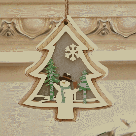 Animated wooden Christmas tree hanging ornament with a snowman cutout and warm interior light