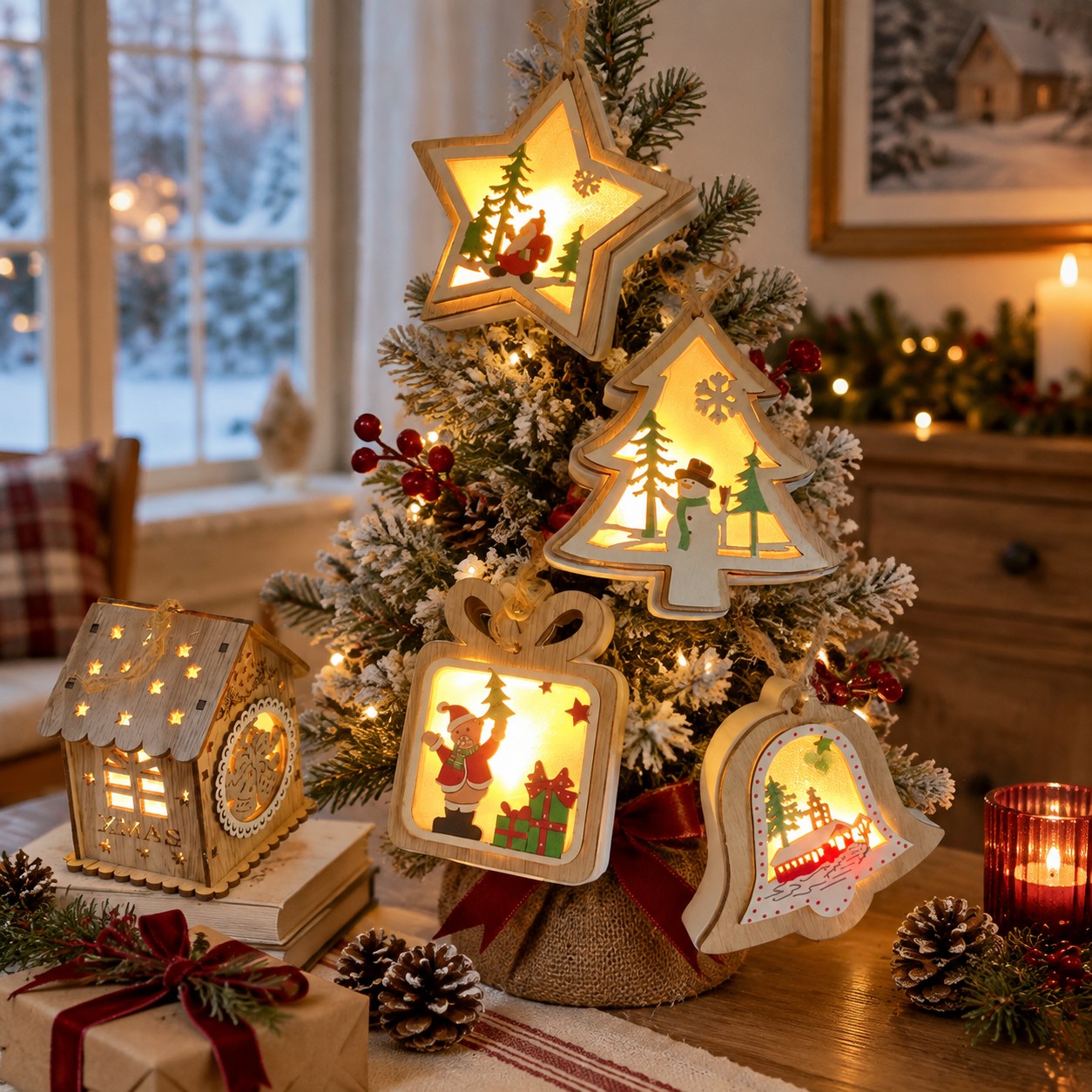 Four wooden Christmas hanging ornaments with warm light on a small tree