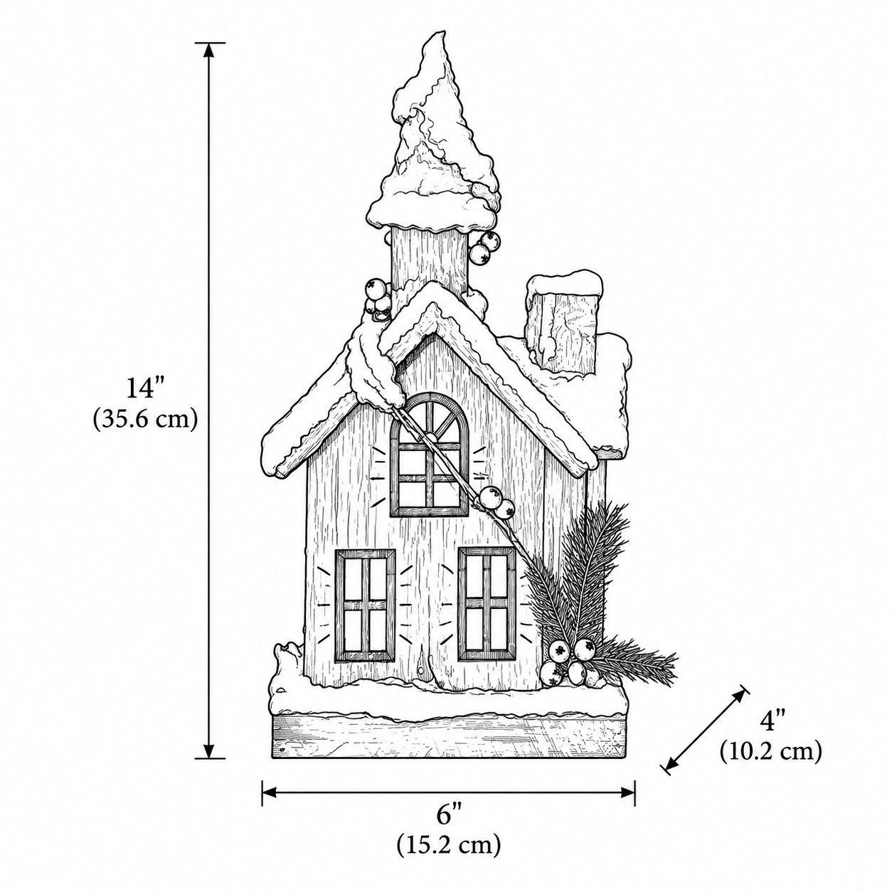 Line drawing of Style F wooden Christmas house with a tree on the roof, 35.6 cm high, 15.2 cm wide, 10.2 cm deep