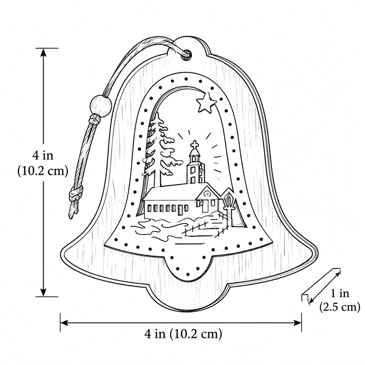 Line drawing of the Bell wooden hanging ornament, 10.2 cm high, 10.2 cm wide, 2.5 cm deep