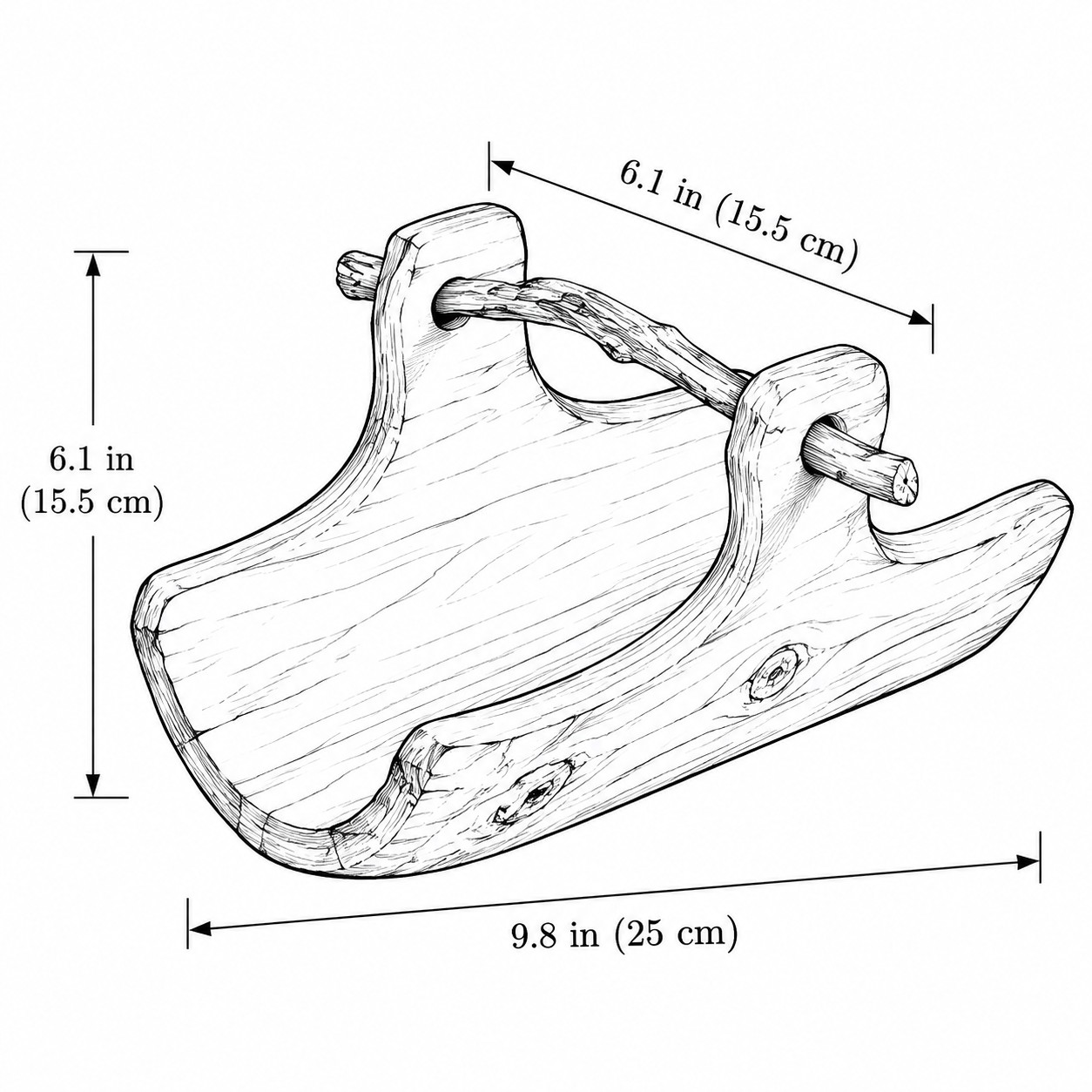 Line drawing of the small willow tray with length 25 cm, width 15.5 cm, height 15.5 cm