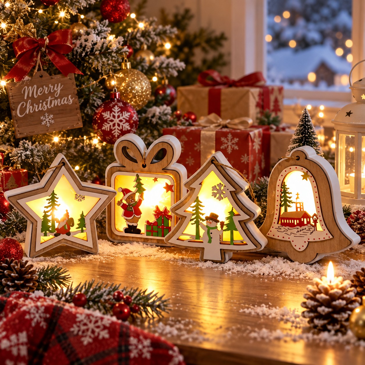 Four wooden Christmas hanging ornaments with warm light on a table under a tree