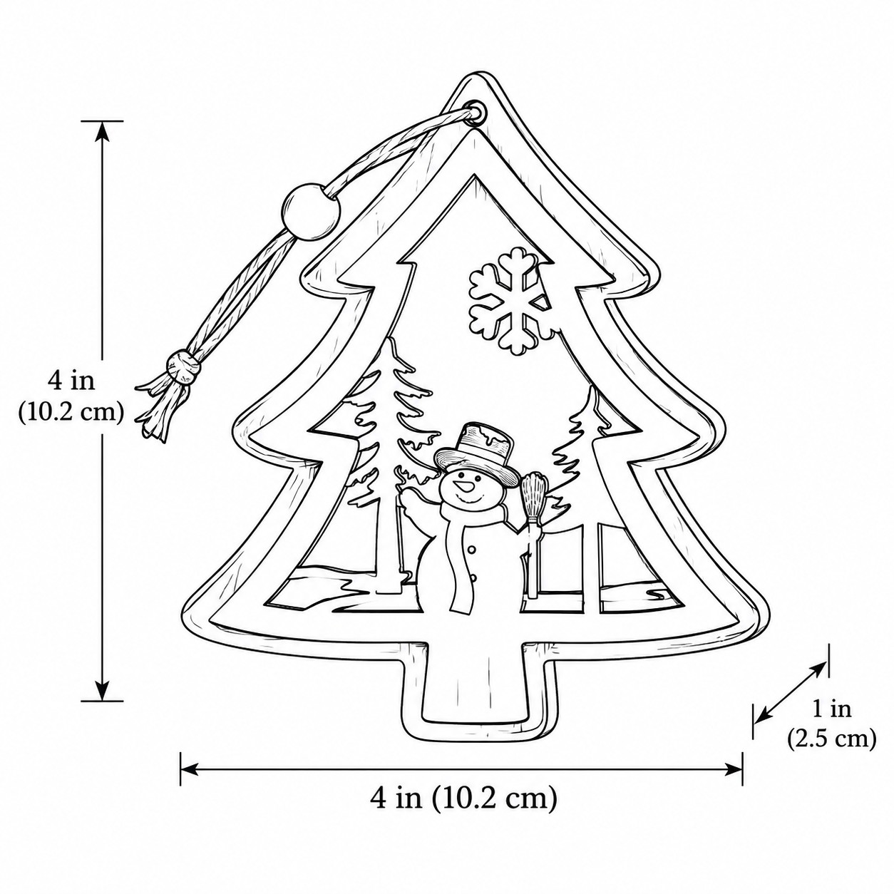 Line drawing of the Christmas Tree wooden hanging ornament, 10.2 cm high, 10.2 cm wide, 2.5 cm deep