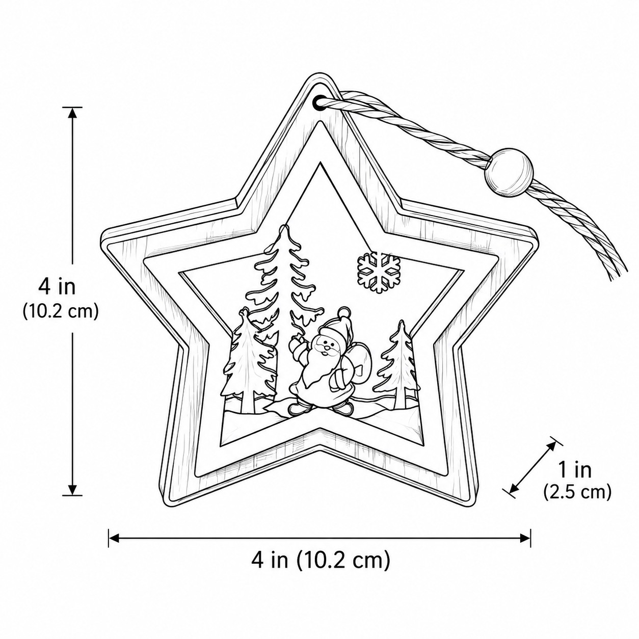 Line drawing of the Star wooden hanging ornament, 10.2 cm high, 10.2 cm wide, 2.5 cm deep