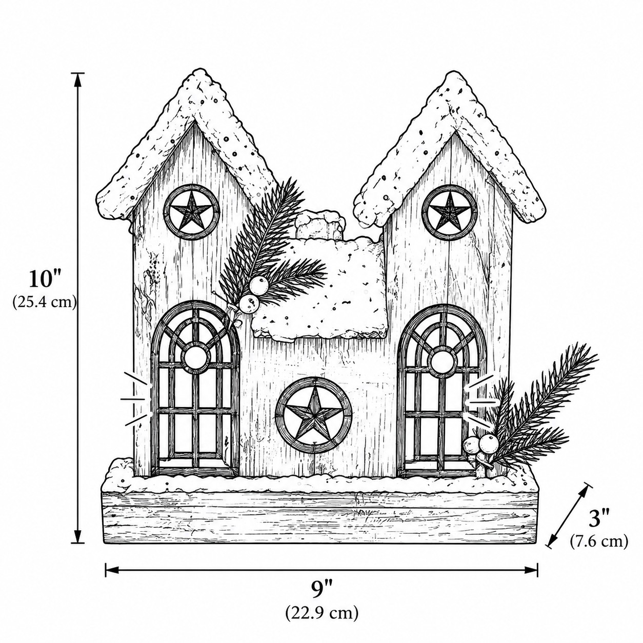 Line drawing of Style B double-gable wooden Christmas house, 25.4 cm high, 22.9 cm wide, 7.6 cm deep
