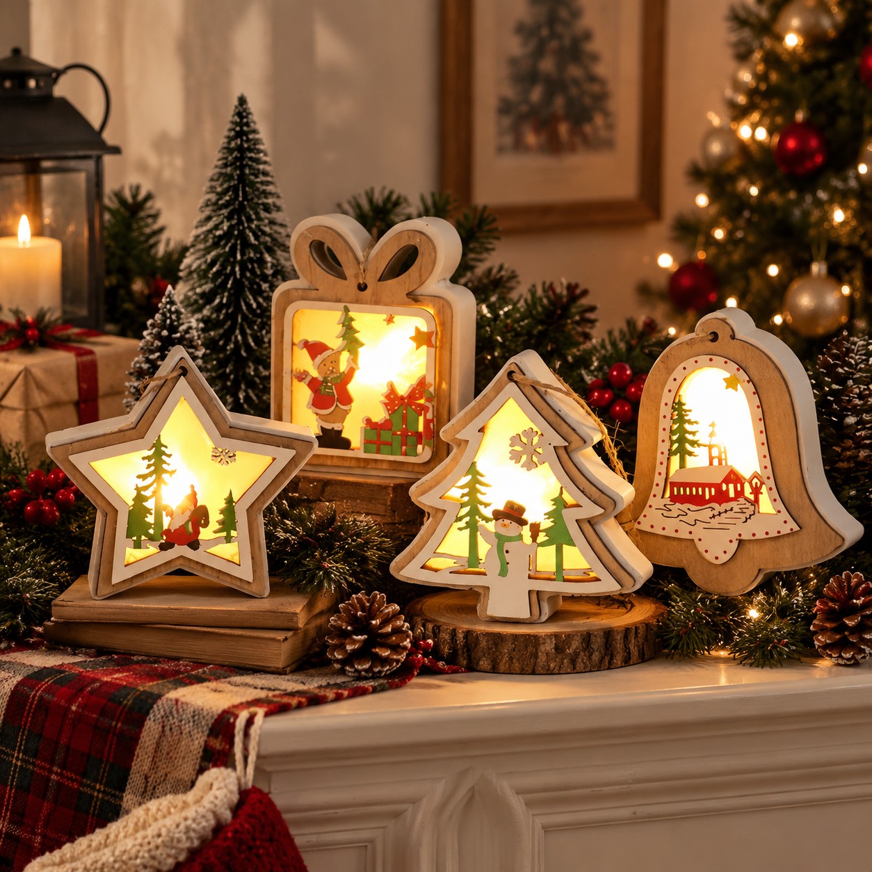 Four wooden Christmas hanging ornaments with warm light on a mantel