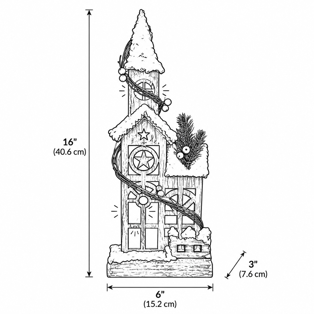 Line drawing of Style D church-tower wooden Christmas house, 40.6 cm high, 15.2 cm wide, 7.6 cm deep