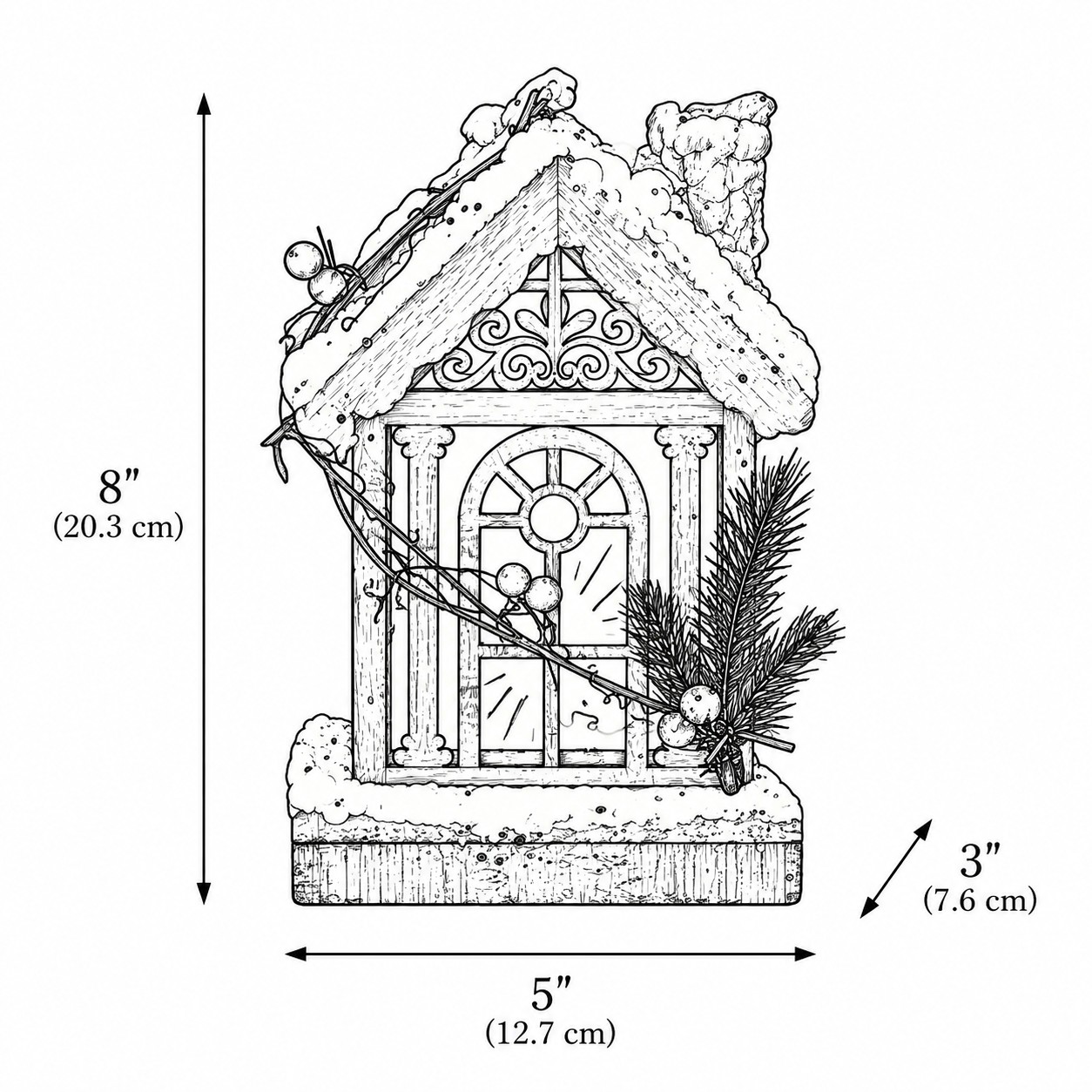 Line drawing of Style A wooden Christmas cottage, 20.3 cm high, 12.7 cm wide, 7.6 cm deep