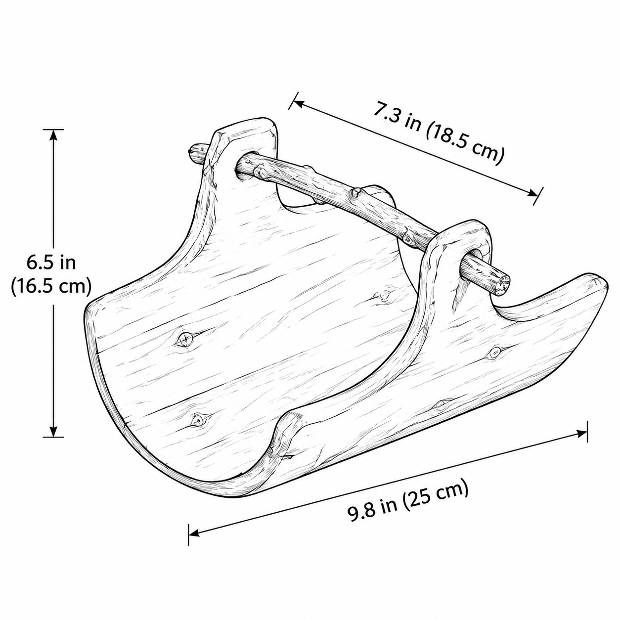 Line drawing of the large willow tray with length 25 cm, width 18.5 cm, height 16.5 cm
