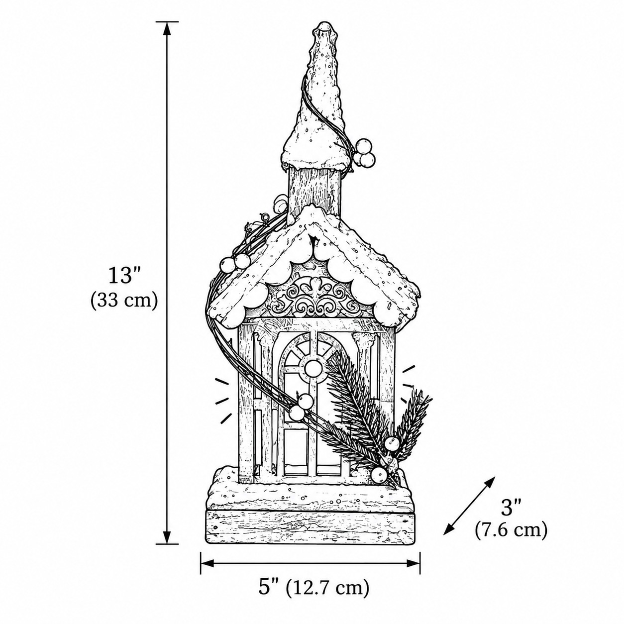 Line drawing of Style C pointed-steeple wooden Christmas house, 33.0 cm high, 12.7 cm wide, 7.6 cm deep