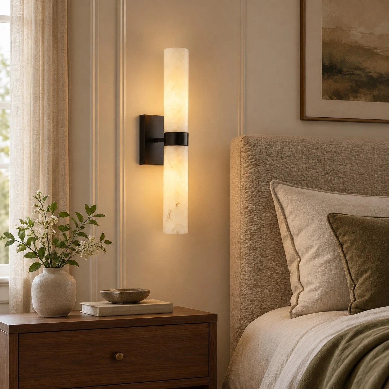 Matte black alabaster wall sconce beside a bed and nightstand