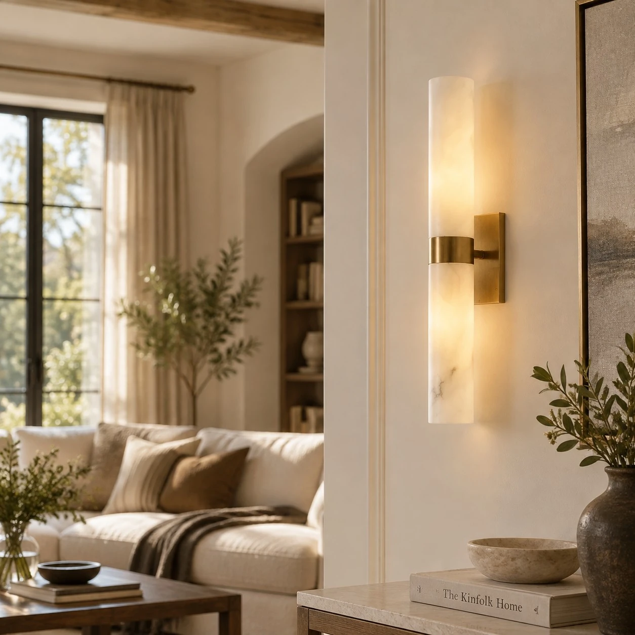 Tumbled brass alabaster wall sconce above a living room console