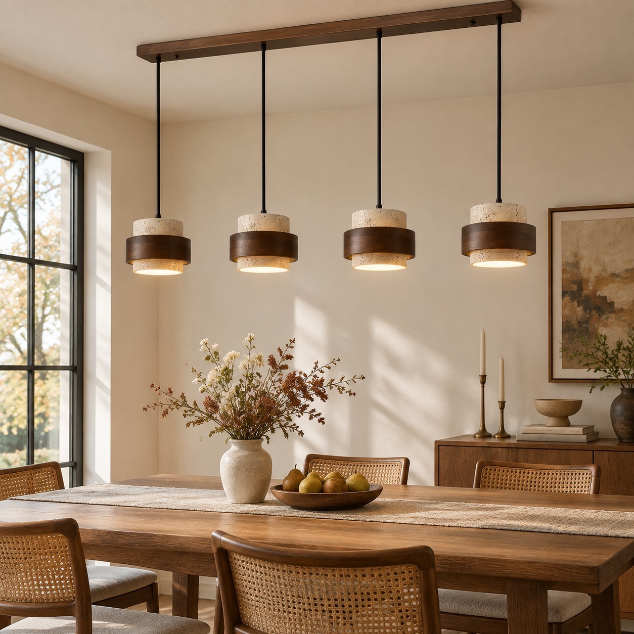 Stonel 4-head linear travertine pendant over a dining table