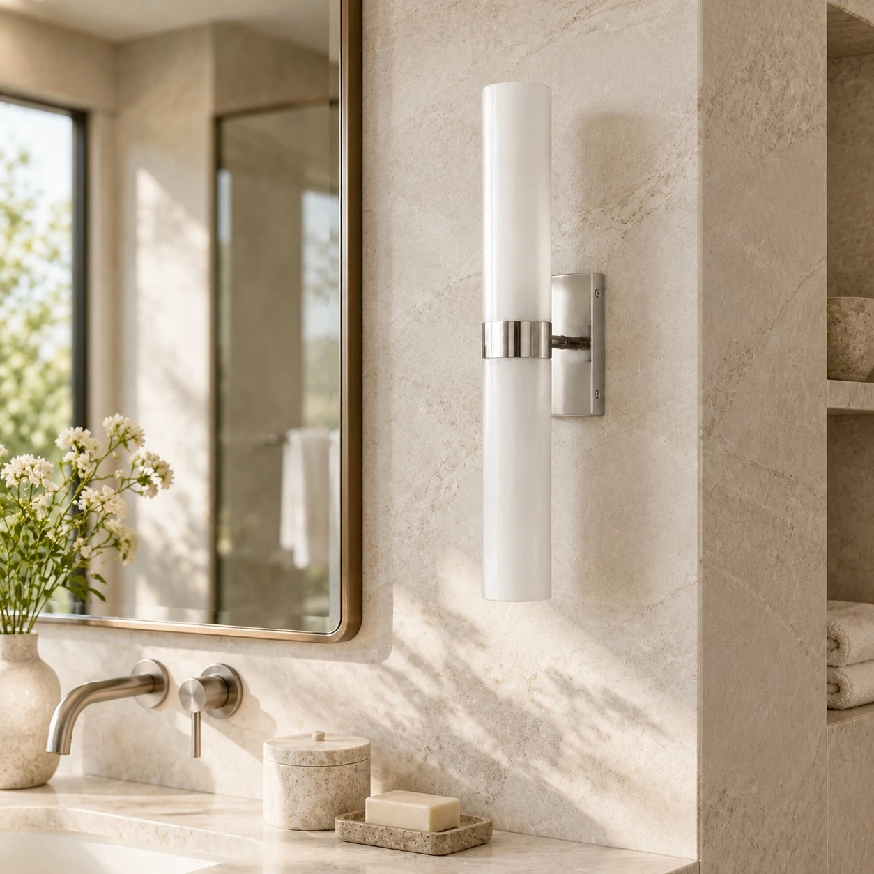 Polished nickel alabaster wall sconce in a stone bathroom vanity area