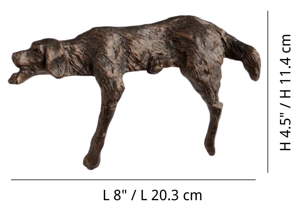 Floxo lazy dog sculpture side profile with length and height dimension marks