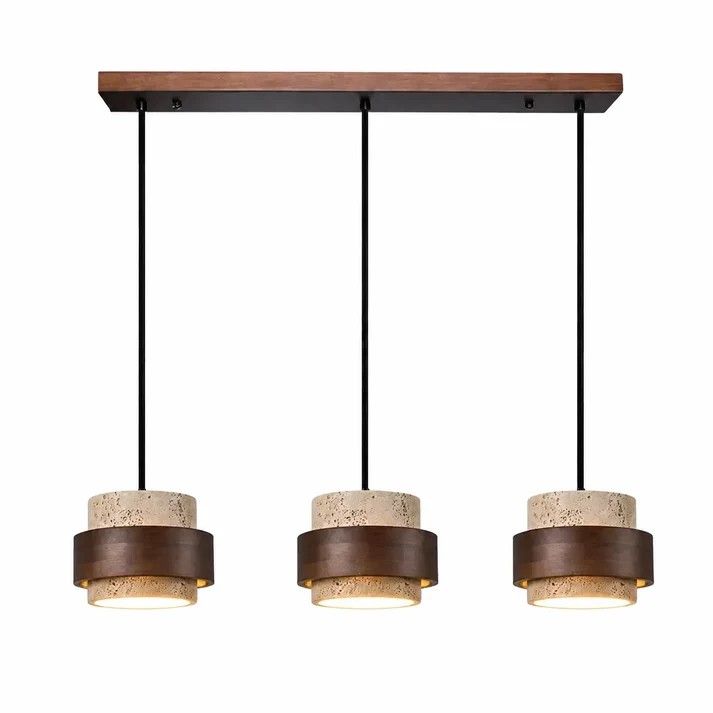 Stonel three-light linear travertine and walnut pendant