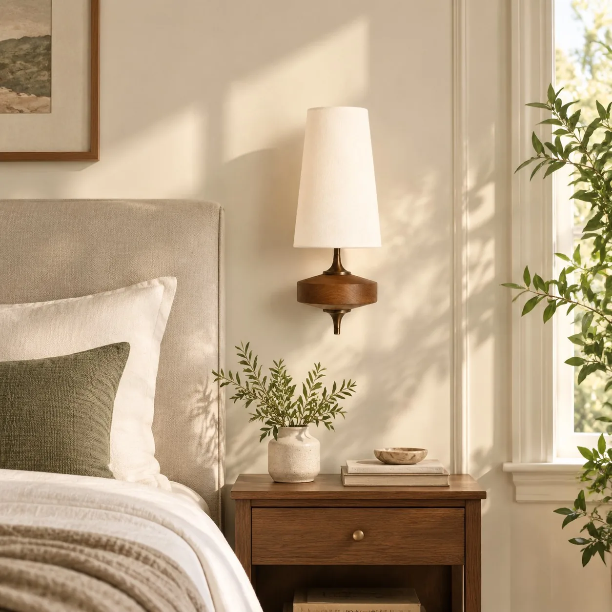 White fabric sconce above a wooden nightstand