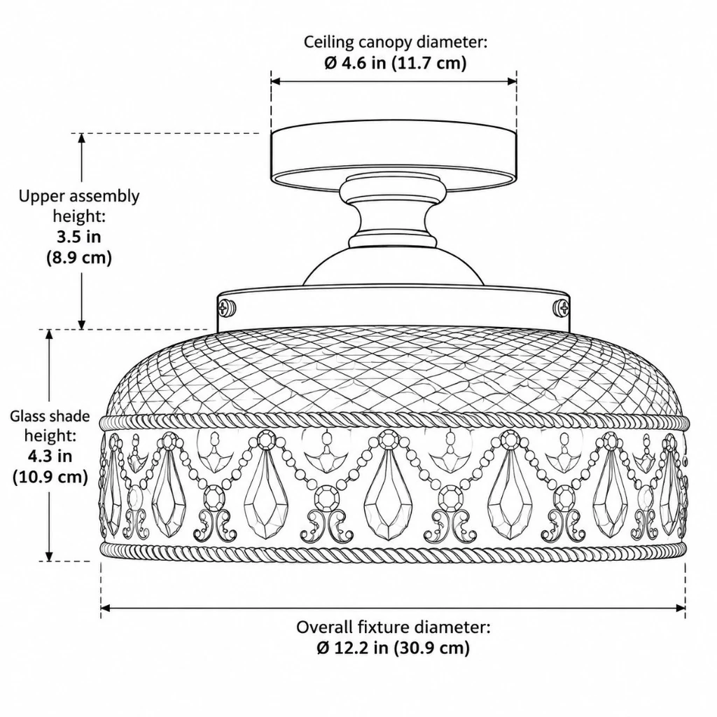Jules ceiling light line drawing with canopy, shade, and overall dimensions