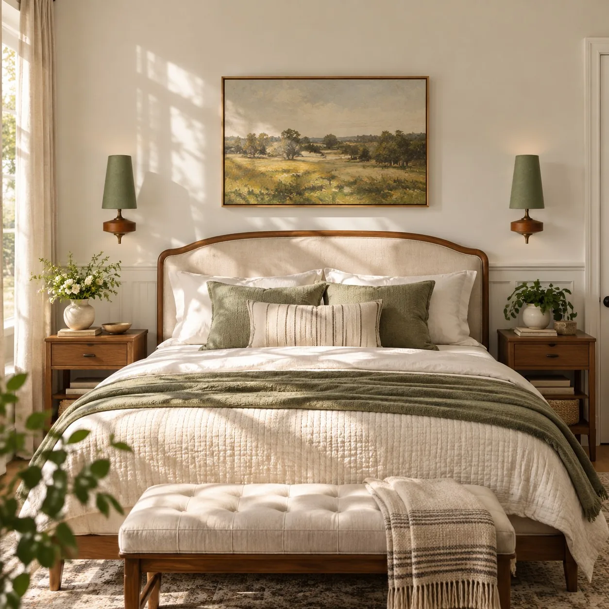 Pair of sage green sconces flanking a bed