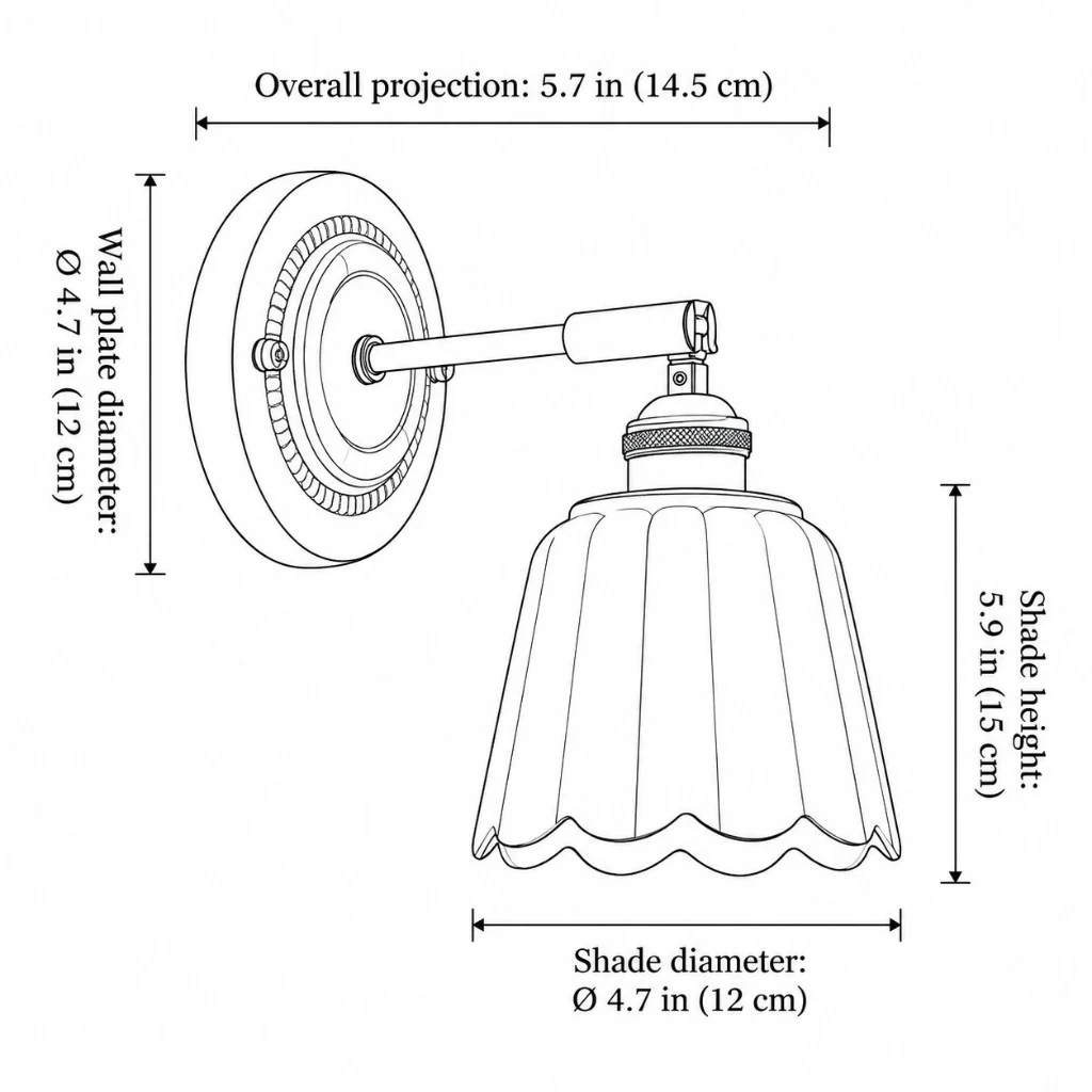 Sidney ceramic wall sconce line drawing with projection, backplate, and shade dimensions