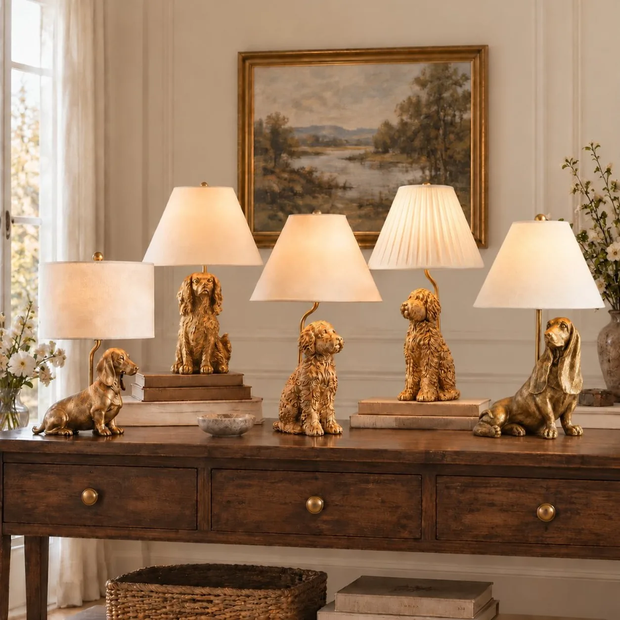 Five Pawdia dog table lamps glowing on a console in a warm living room