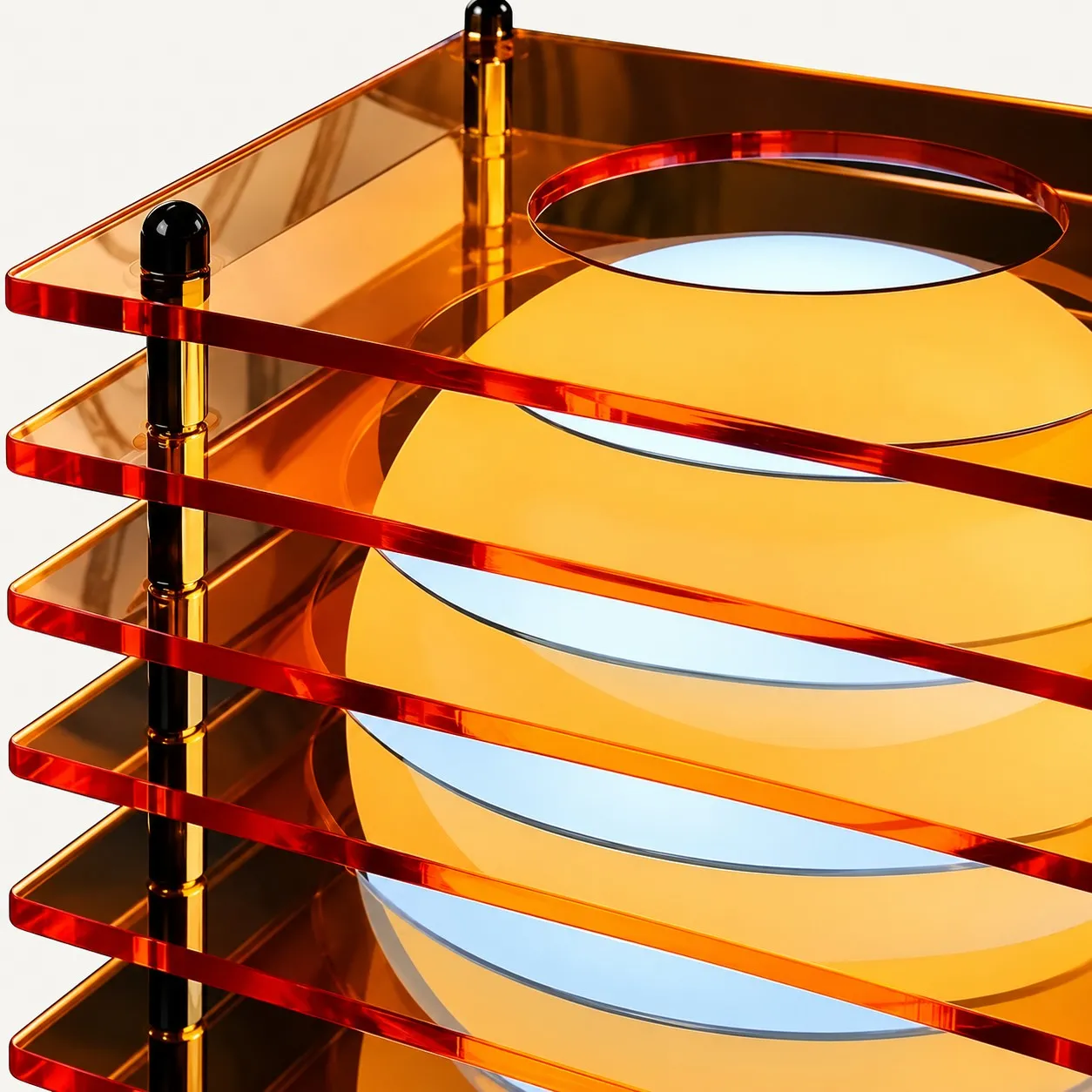 Stacked orange acrylic sheets around the sphere